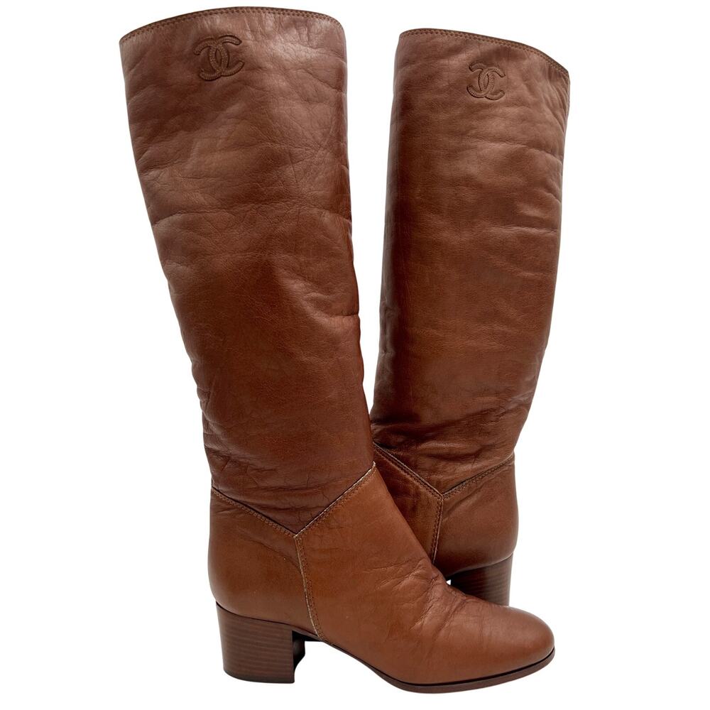 Chanel Vintage Brown High Boots 37.5 C flannel lined stack heel